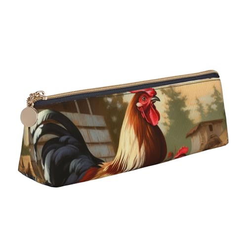 Federmäppchen mit buntem Hawaii-Blumendruck, Reißverschluss, niedlicher Schreibwaren-Organizer, PVC-Leder, dreieckig, Make-up-Tasche, Stiftebeutel, Bauernhof-Aufdruck, Huhn und Hahn, Einheitsgröße von DENMER