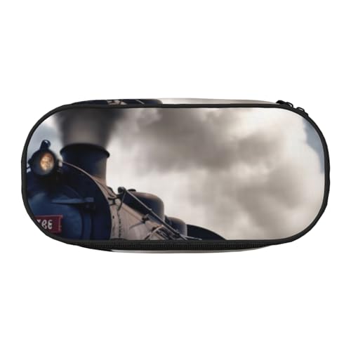 Federmäppchen mit gelbem Drachen, schwarzer Hintergrund, bedrucktes Oxford-Gewebe, geräumiges Design für Schule, Büro, Reisen – Mehrzweck-Schreibwaren und Make-up-Tasche, Dampflok Wolken von DENMER