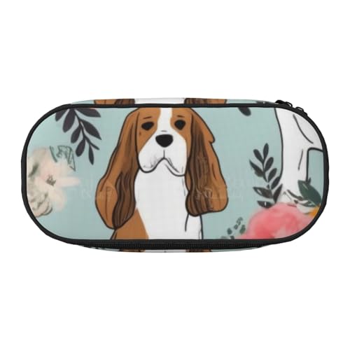 Federmäppchen mit gelbem Drachen, schwarzer Hintergrund, bedrucktes Oxford-Gewebe, geräumiges Design für Schule, Büro, Reisen – Mehrzweck-Schreibwaren und Make-up-Tasche, Süßer Basset Hound Blumen von DENMER