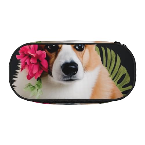 Federmäppchen mit gelbem Drachen, schwarzer Hintergrund, bedrucktes Oxford-Gewebe, geräumiges Design für Schule, Büro, Reisen – Mehrzweck-Schreibwaren und Make-up-Tasche, Tropische Blume und Corgi von DENMER