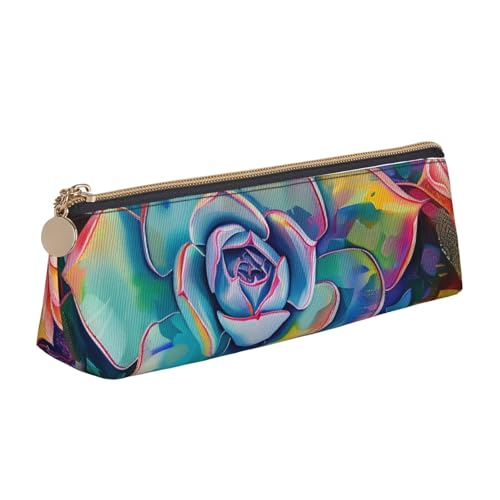 Federmäppchen mit niedlichem Mops-Motiv, mit Reißverschluss, niedlicher Schreibwaren-Organizer, PVC-Leder, dreieckig, Make-up-Tasche, Stiftebeutel, Bunte Sukkulente., Einheitsgröße, Schulranzen von DENMER