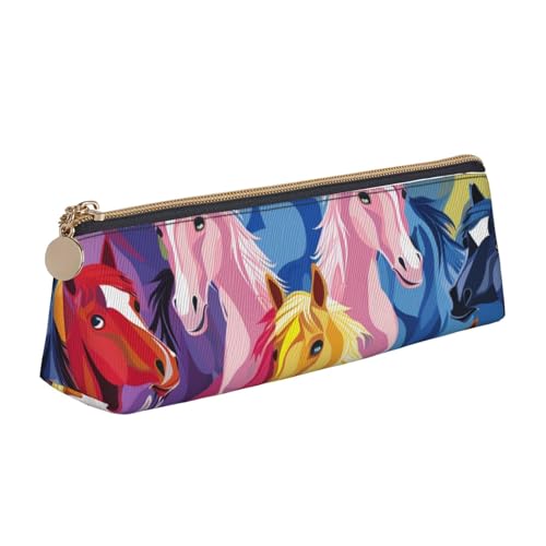 Federmäppchen mit niedlichem Mops-Motiv, mit Reißverschluss, niedlicher Schreibwaren-Organizer, PVC-Leder, dreieckig, Make-up-Tasche, Stiftebeutel, Niedliche Cartoon-Pferde, Einheitsgröße, Schulranzen von DENMER