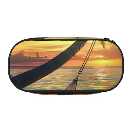 Federmäppchen mit niedlichem Pinguin-Tiermuster, bedrucktes Oxford-Gewebe, geräumiges Design für Schule, Büro, Reisen – Mehrzweck-Schreibwaren und Make-up-Tasche, Kokosnuss Beach Sunset Hängematte von DENMER