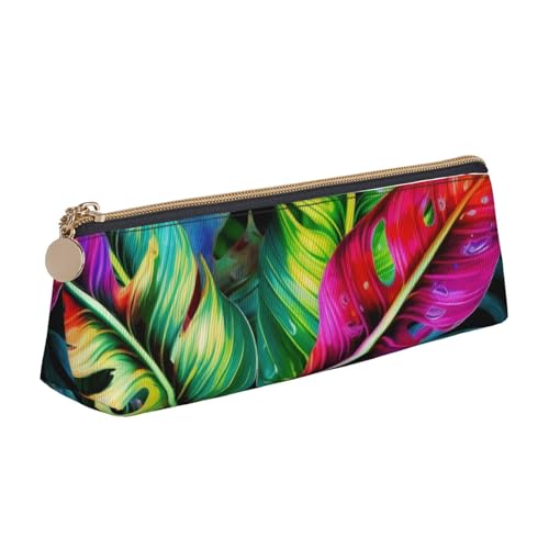 Federmäppchen mit traditionellem Weihnachts-Zwerg, 1 bedrucktes Federmäppchen, niedlicher Schreibwaren-Organizer, PVC-Leder, dreieckig, Make-up-Tasche, Stiftebeutel, Buntes tropisches Blatt von DENMER