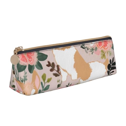 Federmäppchen mit traditionellem Weihnachts-Zwerg, 1 bedrucktes Federmäppchen, niedlicher Schreibwaren-Organizer, PVC-Leder, dreieckig, Make-up-Tasche, Stiftebeutel, Corgi Floral Flowers von DENMER