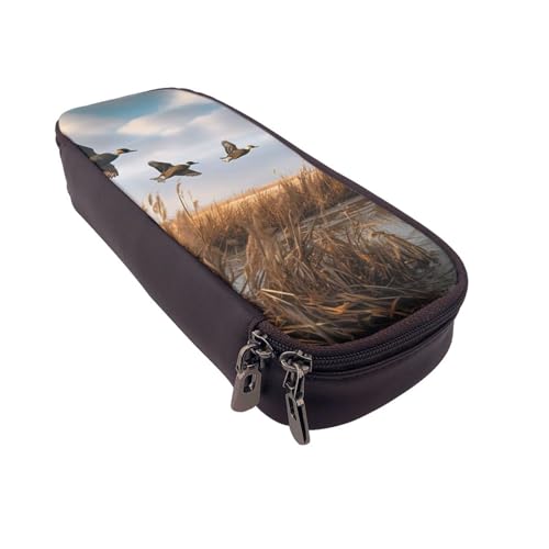 Federmäppchen mit tropischem Strandpalmen-Motiv, bedrucktes Leder, multifunktionaler Organizer für Schule, Büro und Reisen, Jagd fliegende Wildente, Einheitsgröße, Schulranzen von DENMER