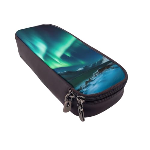 Federmäppchen mit tropischem Strandpalmen-Motiv, bedrucktes Leder, multifunktionaler Organizer für Schule, Büro und Reisen, Nordlichter, Einheitsgröße, Schulranzen von DENMER