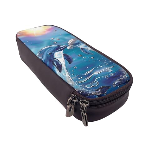 Flying Dove bedrucktes Leder-Flip-Federmäppchen – multifunktionaler Organizer für Schule, Büro und Reisen, Delfine in Love, Einheitsgröße, Schulranzen von DENMER