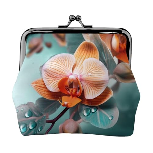 Gelbe Blumen Schmetterlinge Münzbörse Mini Geldbörse mit Kiss Lock Verschluss, perfekt für Münzen und kleine Dinge, Orchidee in Blaugrün und Orange, Einheitsgröße von DENMER