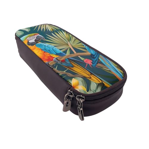 Gelbe Sonnenblumen-bedruckte Leder-Flip-Federmäppchen – multifunktionaler Organizer für Schule, Büro und Reisen, Tropische Pflanzen und Papageien, Einheitsgröße, Schulranzen von DENMER