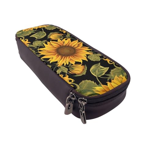 Gelber Drache schwarzer Hintergrund bedrucktes Leder-Flip-Federmäppchen – multifunktionaler Organizer für Schule, Büro und Reisen, Sonnenblumenmuster, Einheitsgröße, Schulranzen von DENMER