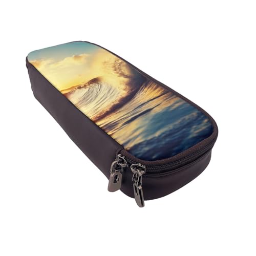 Gelber Drache schwarzer Hintergrund bedrucktes Leder-Flip-Federmäppchen – multifunktionaler Organizer für Schule, Büro und Reisen, Sunset Sea Surfen Seascape, Einheitsgröße, Schulranzen von DENMER