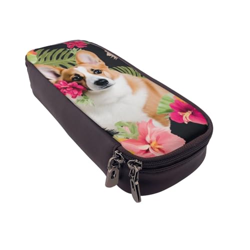 Gelber Drache schwarzer Hintergrund bedrucktes Leder-Flip-Federmäppchen – multifunktionaler Organizer für Schule, Büro und Reisen, Tropische Blume und Corgi, Einheitsgröße, Schulranzen von DENMER