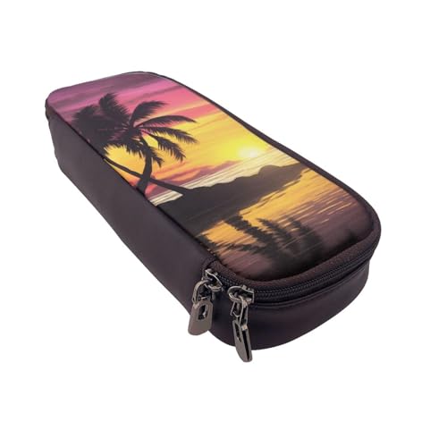 Gelber Drache schwarzer Hintergrund bedrucktes Leder-Flip-Federmäppchen – multifunktionaler Organizer für Schule, Büro und Reisen, Tropische Palme, Einheitsgröße, Schulranzen von DENMER