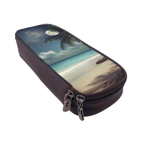 Gelber Drache schwarzer Hintergrund bedrucktes Leder-Flip-Federmäppchen – multifunktionaler Organizer für Schule, Büro und Reisen, Tropische Strandpalme mit Vollmond, Einheitsgröße, Schulranzen von DENMER