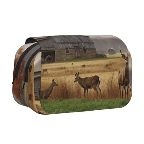 Jagd fliegende wilde Enten am See bedrucktes Flip-Federmäppchen mit 2 Fächern, großes Fassungsvermögen, tragbarer Schreibwaren-Organizer für Schule, Reisen und Kunst, Bauernhof mit Hirsch von DENMER