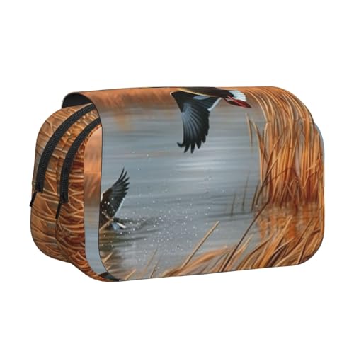 Jagd fliegende wilde Enten am See bedrucktes Flip-Federmäppchen mit 2 Fächern, großes Fassungsvermögen, tragbarer Schreibwaren-Organizer für Schule, Reisen und Kunst, Jagd fliegende Wildente 1 von DENMER