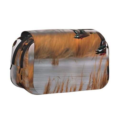 Jagd fliegende wilde Enten am See bedrucktes Flip-Federmäppchen mit 2 Fächern, großes Fassungsvermögen, tragbarer Schreibwaren-Organizer für Schule, Reisen und Kunst, Jagd fliegende Wildente 3 von DENMER