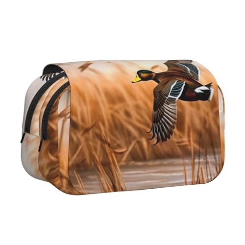 Jagd fliegende wilde Enten am See bedrucktes Flip-Federmäppchen mit 2 Fächern, großes Fassungsvermögen, tragbarer Schreibwaren-Organizer für Schule, Reisen und Kunst, Jagd fliegende Wildente 4 von DENMER