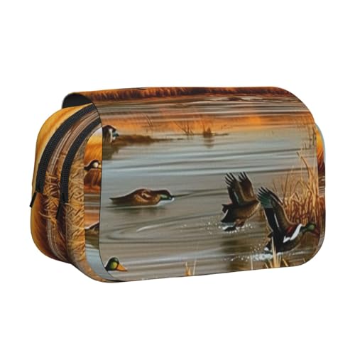 Jagd fliegende wilde Enten am See bedrucktes Flip-Federmäppchen mit 2 Fächern, großes Fassungsvermögen, tragbarer Schreibwaren-Organizer für Schule, Reisen und Kunst, Jagd fliegende Wildente 5 von DENMER