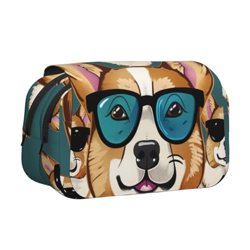 Musik-Symbole Love bedrucktes Flip-Federmäppchen mit 2 Fächern, großes Fassungsvermögen, tragbarer Schreibwaren-Organizer für Schule, Reisen und Kunst, Süße Corgi-Gläser und Schnurrbärte von DENMER