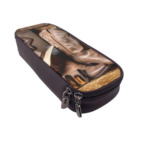 Niedliches Meerschweinchen mit Hut bedrucktes Leder-Flip-Federmäppchen – multifunktionaler Organizer für Schule, Büro und Reisen, Cowboy Black Hat Westernstiefel, Einheitsgröße, Schulranzen von DENMER