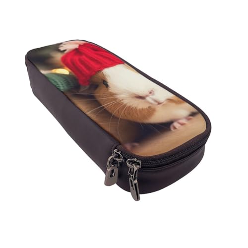 Niedliches Meerschweinchen mit Hut bedrucktes Leder-Flip-Federmäppchen – multifunktionaler Organizer für Schule, Büro und Reisen, Niedliche Meerschweinchen mit Hut, Einheitsgröße, Schulranzen von DENMER