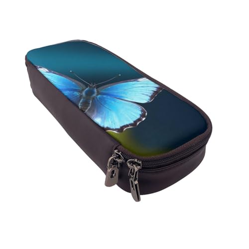 Niedliches Meerschweinchen mit Hut bedrucktes Leder-Flip-Federmäppchen – multifunktionaler Organizer für Schule, Büro und Reisen, Schöner blauer Schmetterling, Einheitsgröße, Schulranzen von DENMER