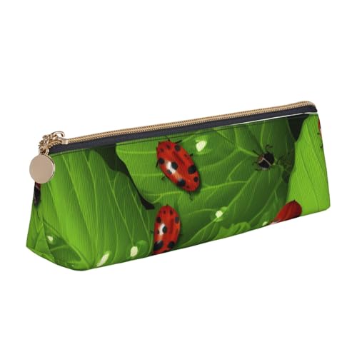 Schönes, lustiges Federmäppchen mit Flamingo-Muster, Reißverschluss, niedlicher Schreibwaren-Organizer, PVC-Leder, dreieckig, Make-up-Tasche, Stiftebeutel, Blätter und Marienkäfer, Einheitsgröße von DENMER