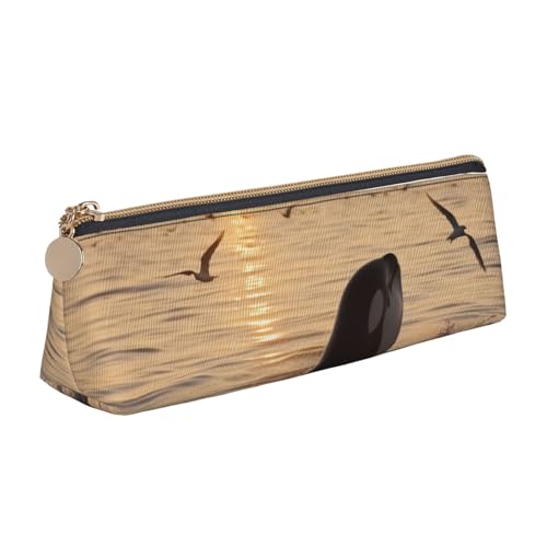 Schönes, lustiges Federmäppchen mit Flamingo-Muster, Reißverschluss, niedlicher Schreibwaren-Organizer, PVC-Leder, dreieckig, Make-up-Tasche, Stiftebeutel, Killerwal unter Sonnenuntergang von DENMER