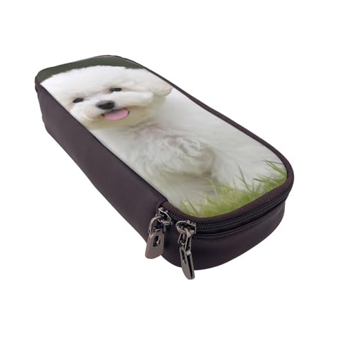 Schönes Federmäppchen aus Leder mit Pfauenmotiv, multifunktionaler Organizer für Schule, Büro und Reisen, Bichon Frisé Hund, Einheitsgröße, Schulranzen von DENMER
