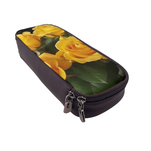 Schönes Federmäppchen aus Leder mit Pfauenmotiv, multifunktionaler Organizer für Schule, Büro und Reisen, Gelbe Rosen, Einheitsgröße, Schulranzen von DENMER