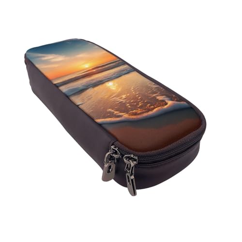 Schönes Federmäppchen aus Leder mit Pfauenmotiv, multifunktionaler Organizer für Schule, Büro und Reisen, Strand Sonnenuntergang, Einheitsgröße, Schulranzen von DENMER