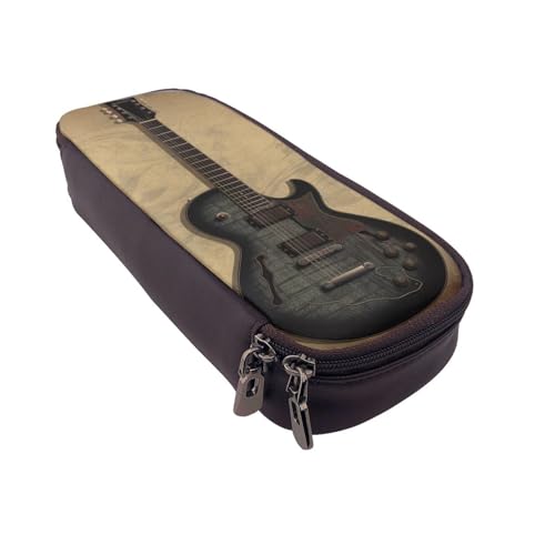 Schönes Federmäppchen aus Leder mit Pfauenmotiv, multifunktionaler Organizer für Schule, Büro und Reisen, Vintage-Musikgitarre, Einheitsgröße, Schulranzen von DENMER