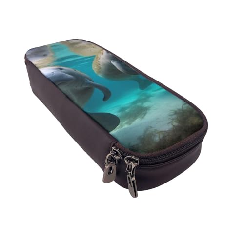 Schönes Federmäppchen aus Leder mit Pfauenmotiv, multifunktionaler Organizer für Schule, Büro und Reisen, Westindische Seekuh, Einheitsgröße, Schulranzen von DENMER