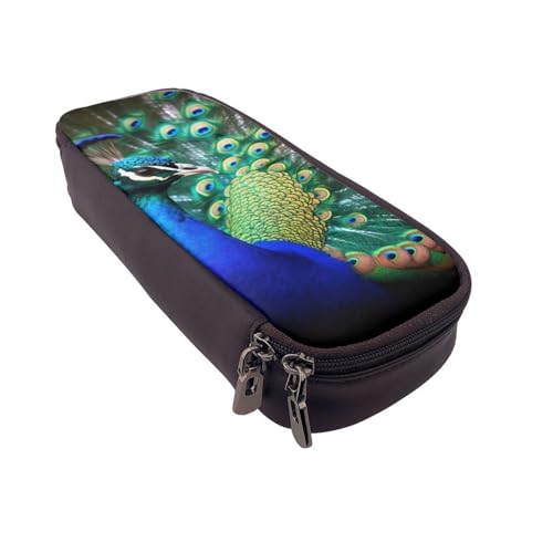 Schönes Federmäppchen aus Leder mit Pfauenmotiv, multifunktionaler Organizer für Schule, Büro und Reisen, Wunderschöner Pfau, Einheitsgröße, Schulranzen von DENMER