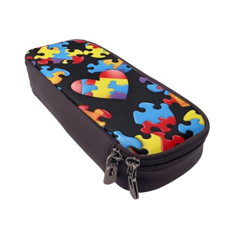 Schönes lila Glitzer-bedrucktes Leder-Flip-Federmäppchen – multifunktionaler Organizer für Schule, Büro und Reisen, Autismus Awareness Puzzleteile Herz, Einheitsgröße, Schulranzen von DENMER