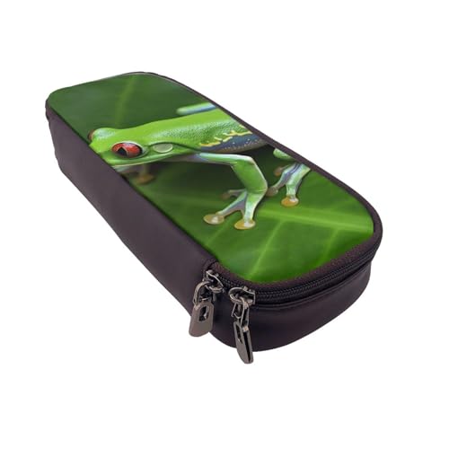 Schönes lila Glitzer-bedrucktes Leder-Flip-Federmäppchen – multifunktionaler Organizer für Schule, Büro und Reisen, Tierische Froschblätter, Einheitsgröße, Schulranzen von DENMER