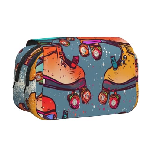 Spring Happy Festival Holiday bedrucktes Flip-Federmäppchen mit 2 Fächern, großes Fassungsvermögen, tragbarer Schreibwaren-Organizer für Schule, Reisen und Kunst, Retro Rollschuhe bunt, Einheitsgröße von DENMER