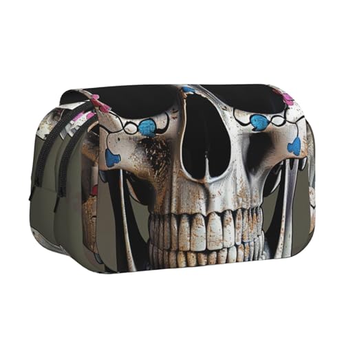 Totenkopf-bedrucktes Flip-Federmäppchen mit 2 Fächern, großes Fassungsvermögen, tragbarer Schreibwaren-Organizer für Schule, Reisen und Kunst, Totenkopf 1, Einheitsgröße, Schulranzen von DENMER
