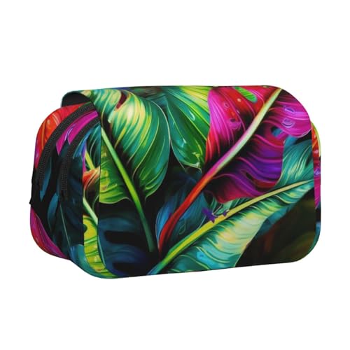 Traditioneller Weihnachts-Zwerg 1 bedrucktes Flip-Federmäppchen mit 2 Fächern, großes Fassungsvermögen, tragbarer Schreibwaren-Organizer für Schule, Reisen und Kunst, Buntes tropisches Blatt von DENMER