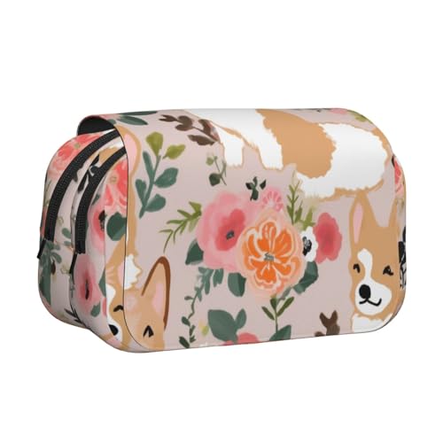 Traditioneller Weihnachts-Zwerg 1 bedrucktes Flip-Federmäppchen mit 2 Fächern, großes Fassungsvermögen, tragbarer Schreibwaren-Organizer für Schule, Reisen und Kunst, Corgi Floral Flowers von DENMER