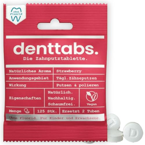Denttabs Zahnputztabletten Erdbeergeschmack 125 Stk. die vollwertige Alternative zur Zahnpasta, fluoridfrei für Kinder und Erwachsene VEGAN Plastikfrei ohne Konservierungsstoffe. kompostable Bag von DENTTABS