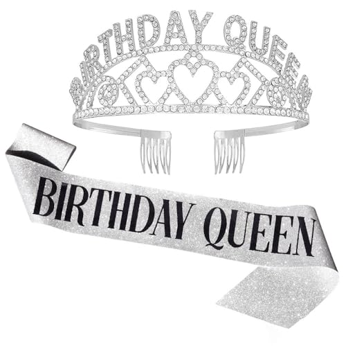 DENUOTOP Damen Geburtstagskrone Schärpe Geburtstag Kristall Tiara Krone Frauen Party Accessoires Dekorations Set für Geburtstag Mädchen Erwachsene Kinder (Silber) von DENUOTOP