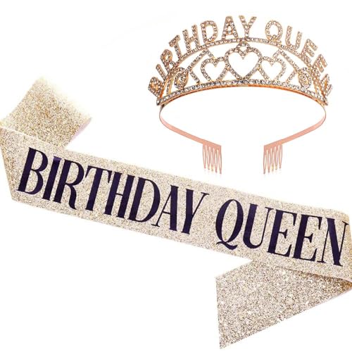 DENUOTOP Damen Geburtstagskrone Schärpe Geburtstag Kristall Tiara Krone Frauen Party Accessoires Dekorations Set für Geburtstag Mädchen Erwachsene Kinder (Gold) von DENUOTOP