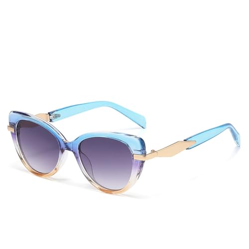 DENUVI Cat Eye Metallrahmen Sonnenbrille UV400 für Damen Outdoor-Sport Laufen und Reiten, blau gelb von DENUVI