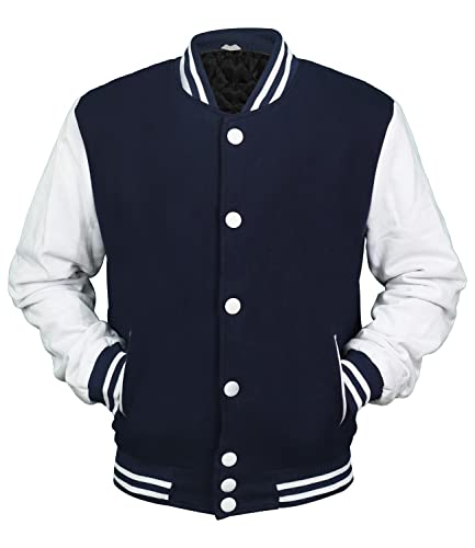 DENZE Unisex College Baseball Varsity High School Letterman Bomber Fleecejacke, Dunkelblau und Weiß, XL von DENZE