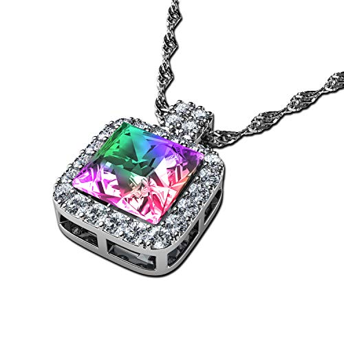 DEPHINI - Aurore Boreale Halskette | SW Kristall | Zirkonia Kristallen | 925 Sterling Silber quadratisch Halskette Regenbogen Anhänger | feine Geschenke für Frauen von DEPHINI