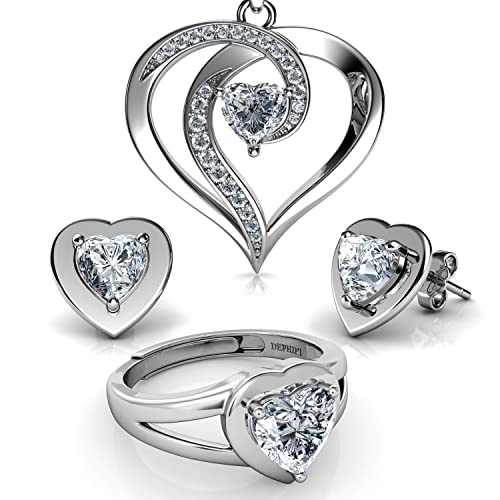 DEPHINI - Damen Edles Schmuckset - Herz Kette Ohrringe & Ring - 925 Sterling Silber - Cubic Zirkonia von DEPHINI