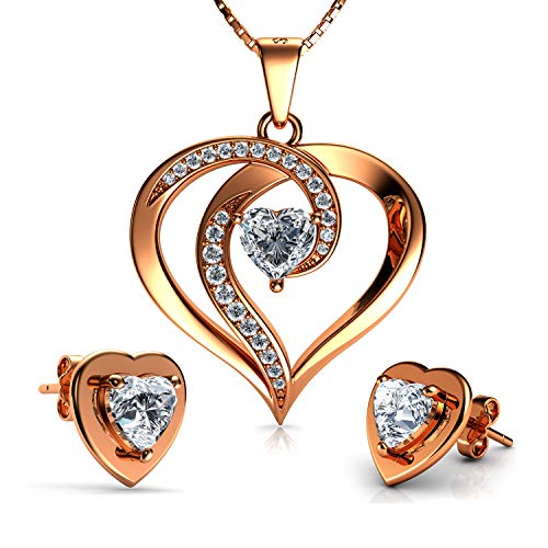 DEPHINI Elegante Halskette & Herz Ohrstecker | Roségold | Zirkonia | 925 Sterling Silber Herz Halskette | Frauen Schmuck set | Geschenke für Frauen von DEPHINI